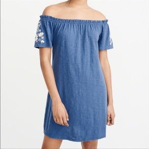 Abercrombie & Fitch Womens Cotton Off The Shoulder Blue Embroidered Dress Small